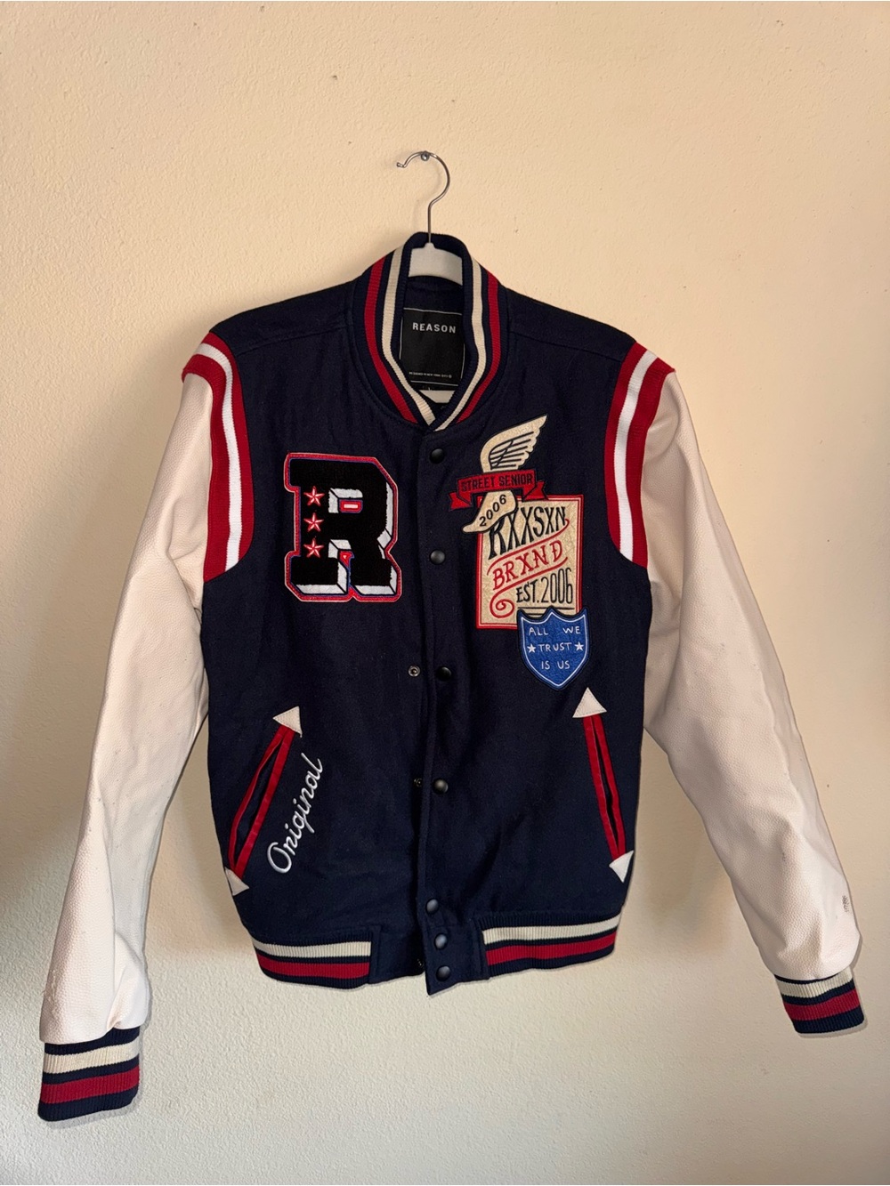 Reason Navy, White & Red Letterman Varsity Jacket